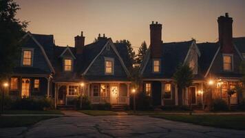 A serene evening view of charming houses with warm lights and a peaceful atmosphere. photo