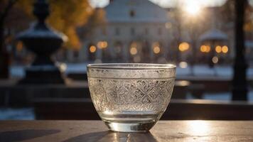 A decorative glass bowl sits in a sunlit outdoor setting, surrounded by blurred scenery. photo