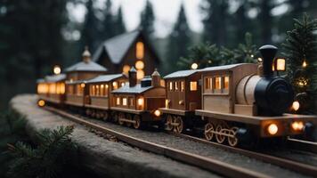 A wooden toy train illuminated, set in a forest with a cozy cabin backdrop. photo