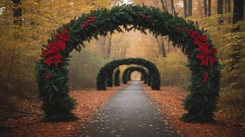 A festive pathway adorned with evergreen arches and red bows, surrounded by autumn foliage. photo