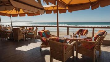 A seaside dining area with cozy seating and umbrellas overlooking the ocean waves. photo