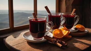 Three mugs of spiced beverage with cinnamon and orange slices, set against a scenic backdrop. photo