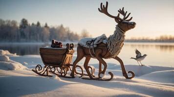 A wooden reindeer pulls a sleigh through snowy scenery by a calm lake at sunrise. photo