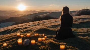 A serene figure sits in nature, surrounded by candles at sunset, evoking tranquility and reflection. photo