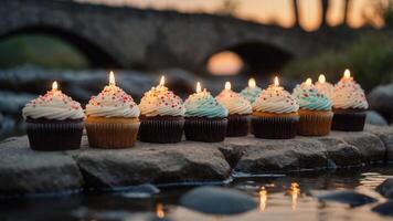 A row of decorated cupcakes with candles on stones by a river at sunset. photo