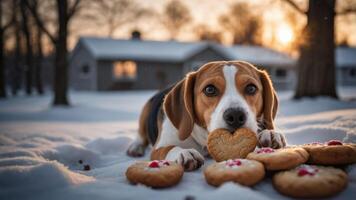 A beagle enjoys cookies in the snow at sunset, creating a cozy winter scene. photo