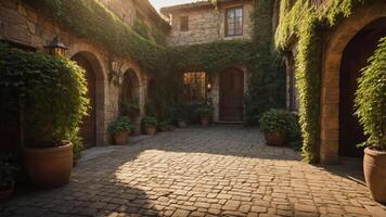 A serene courtyard with stone walls, lush greenery, and warm sunlight. photo