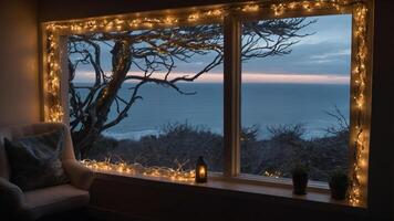 Cozy window view overlooking the ocean, adorned with fairy lights and plants. photo