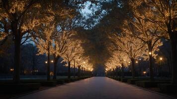 A serene pathway lined with illuminated trees, creating a peaceful evening atmosphere. photo