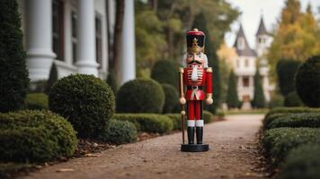 A nutcracker figurine stands on a garden path, surrounded by neatly trimmed hedges and a mansion. photo