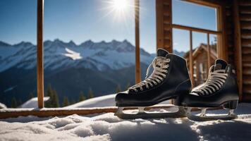 Ice skates on snow with a mountainous backdrop and sunlight streaming through a window. photo