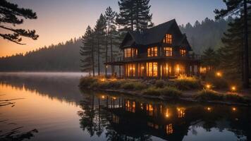 A serene lakeside house illuminated at dusk, surrounded by trees and reflecting on the water. photo
