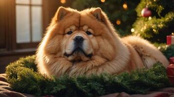 A fluffy chow chow dog resting on a festive wreath surrounded by holiday decorations. photo