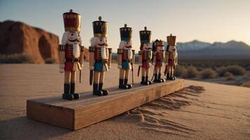 A row of colorful nutcracker figurines displayed on a wooden base in a desert landscape. photo