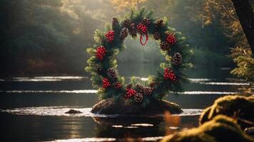 A festive wreath adorned with pinecones and berries on a tranquil river setting. photo