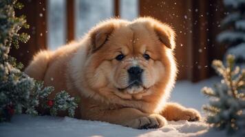 A fluffy chow chow puppy lying in the snow, surrounded by evergreen branches. photo