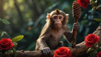 A monkey holding a pine cone surrounded by roses in a lush forest. photo