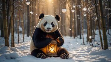 A panda holding a lantern in a snowy bamboo forest, creating a whimsical atmosphere. photo