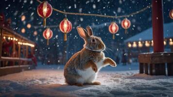 A rabbit stands in the snow surrounded by lanterns, evoking a festive winter atmosphere. photo
