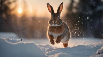 A rabbit running through snow with a sunset in the background. photo