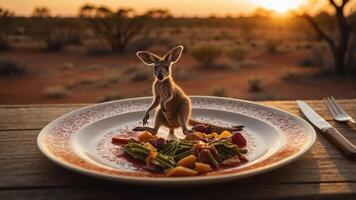 A kangaroo figurine sits on a plate with colorful vegetables in a desert sunset setting. photo