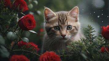 A cute kitten surrounded by vibrant red roses in a soft, rainy atmosphere. photo