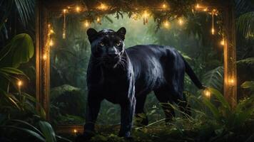 A majestic black panther stands in a lush, illuminated jungle framed by greenery and lights. photo