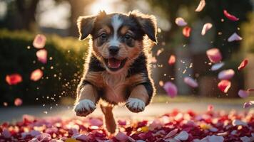 A playful puppy leaps through a shower of colorful flower petals in a sunlit setting. photo
