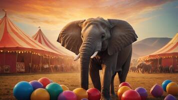 An elephant stands in front of a colorful circus tent, surrounded by vibrant balls. photo