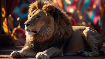 A majestic lion rests, showcasing its regal mane against a vibrant background. photo