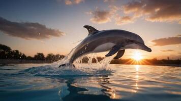 A dolphin leaps joyfully above the water at sunset, creating a vibrant and serene scene. photo