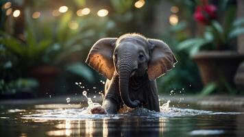 A playful baby elephant splashes in a serene pool surrounded by lush greenery. photo