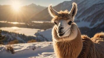 A llama stands in a snowy landscape with mountains and a sunset in the background. photo