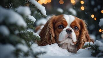 A dog resting in the snow surrounded by greenery and soft lights. photo
