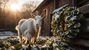 A goat stands amidst snow-covered greenery near a rustic wooden structure at sunset. photo