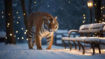 A tiger walking through a snowy park at dusk, illuminated by soft glowing lights. photo