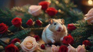 A cute hamster surrounded by colorful roses and greenery, creating a charming scene. photo