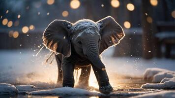 A playful elephant calf splashes in the snow, creating a magical winter scene. photo