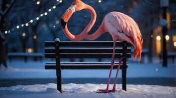 A pink flamingo perched on a snowy bench in a park, illuminated by soft lights. photo