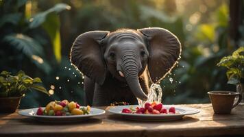 A playful elephant splashes water near plates of colorful fruits in a lush setting. photo