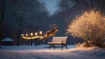 A deer leaps over a bench in a snowy park illuminated by warm lights. photo