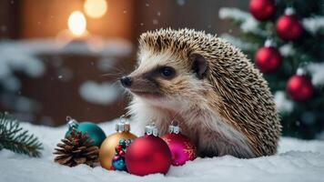 A hedgehog surrounded by colorful Christmas ornaments in a snowy setting. photo