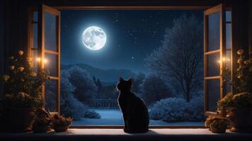 A serene night scene featuring a cat gazing at a full moon through an open window. photo