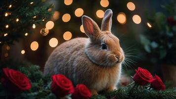 A cute rabbit surrounded by roses and soft lights in a cozy setting. photo