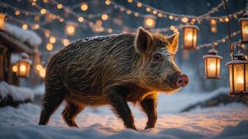 A pig walking in the snow, surrounded by lanterns and festive lights. photo