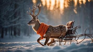 A deer pulling a sleigh in a snowy landscape during sunset, adorned with a bright orange scarf. photo