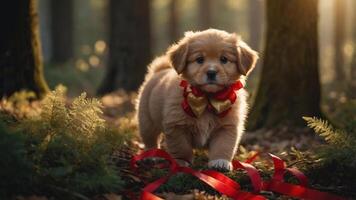 A playful puppy adorned with a festive ribbon explores a sunlit forest. photo