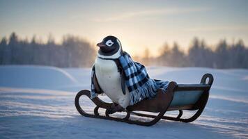 A penguin draped in a scarf sits on a sled in a snowy landscape at sunset. photo