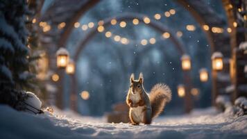 A squirrel stands in a snowy path adorned with glowing lanterns and festive lights. photo