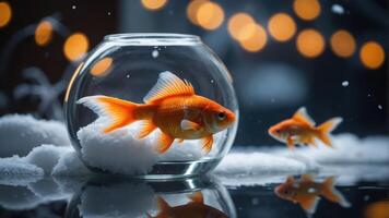 Goldfish swimming in a glass bowl surrounded by snow and warm bokeh lights. photo